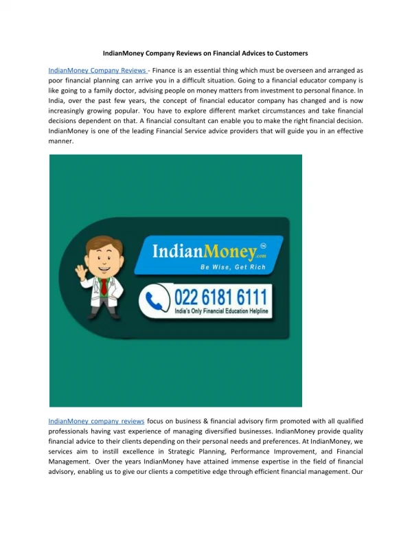 IndianMoney Company Reviews on Financial Advices to Customers