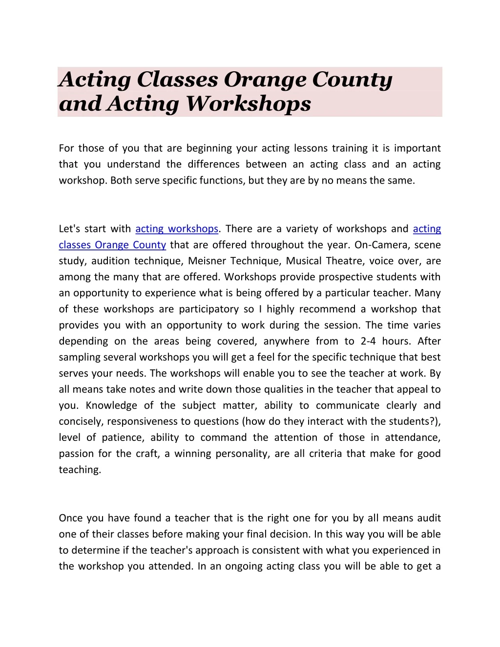 acting classes orange county and acting workshops
