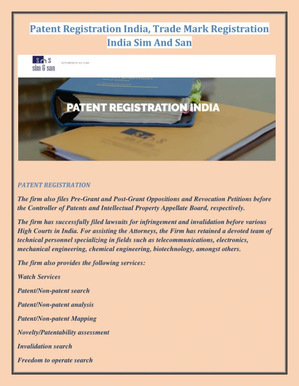 Patent Registration India, Trade Mark Registration India - Sim And San