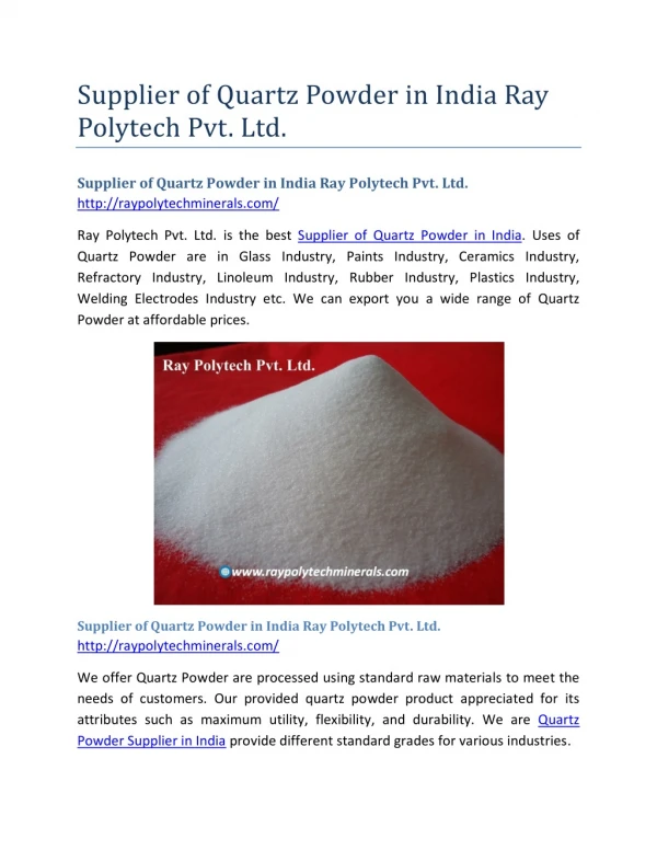 Supplier of Quartz Powder in India Ray Polytech Pvt. Ltd.