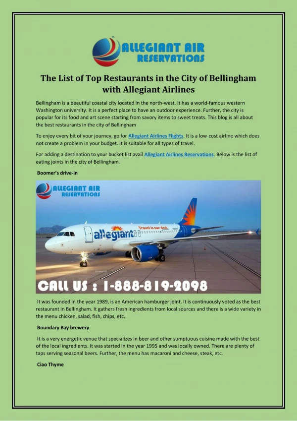 The List of Top Restaurants in the City of Bellingham with Allegiant Airlines