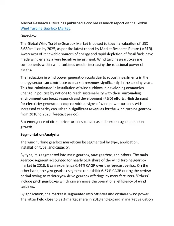 Global Wind Turbine Gearbox Market Share 2019 Competition, Trade Overview and Development to 2023