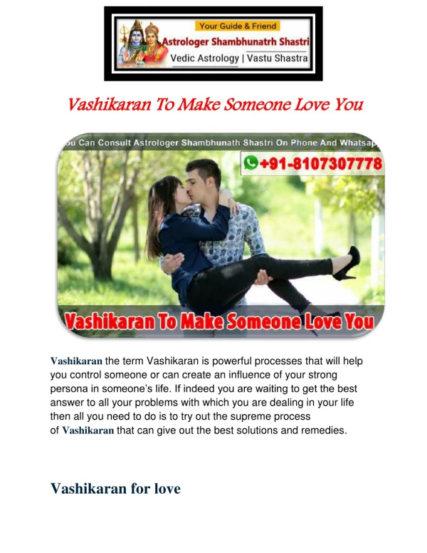 Vashikaran To Make Someone Love You |  91-8107307778 | Delhi | Mumbai | Bangalore