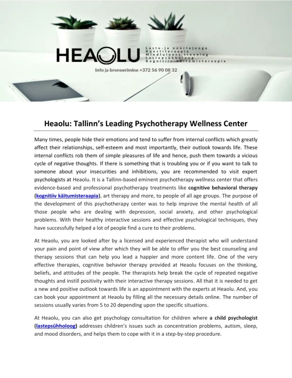 Heaolu: Tallinn’s Leading Psychotherapy Wellness Center