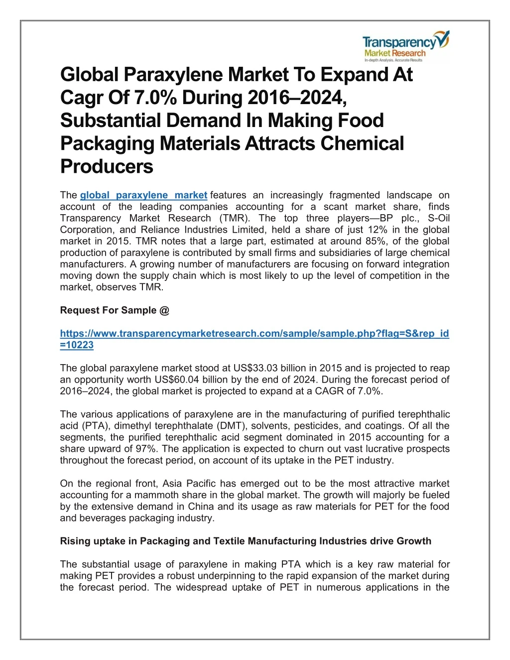 global paraxylene market to expand at cagr