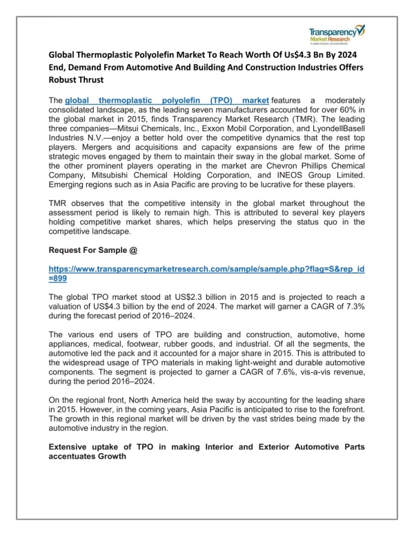 GLOBAL THERMOPLASTIC POLYOLEFIN MARKET TO REACH WORTH OF US$4.3 BN BY 2024 END, DEMAND FROM AUTOMOTIVE AND BUILDING AND