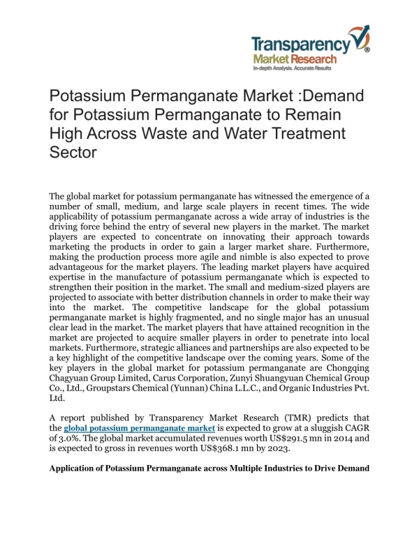 Potassium Permanganate Market :Demand for Potassium Permanganate to Remain High Across Waste and Water Treatment Sector