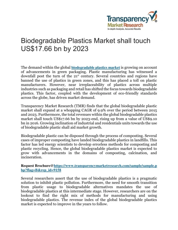 Biodegradable Plastics Market shall touch US$17.66 bn by 2023