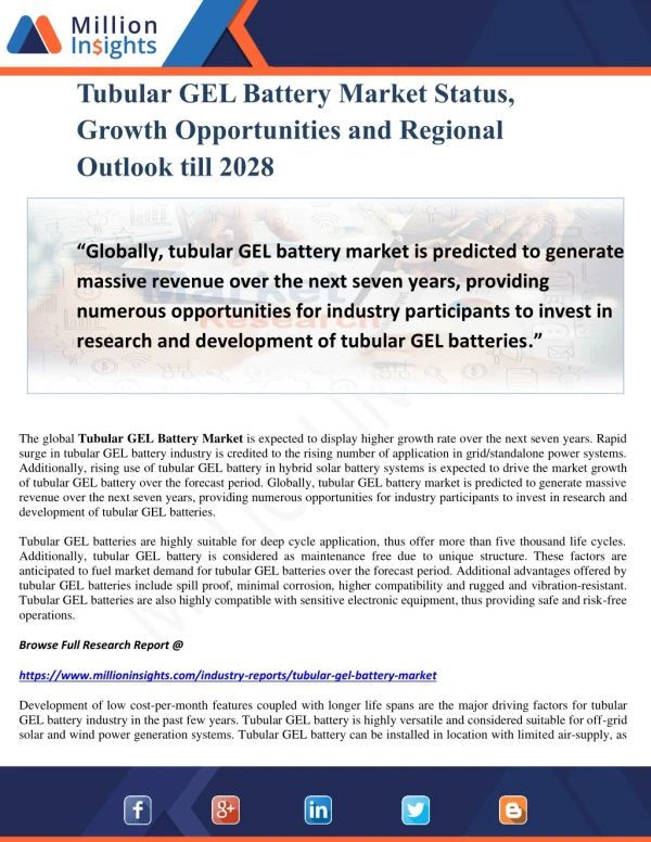 Tubular GEL Battery Market Status, Growth Opportunities and Regional Outlook till 2028