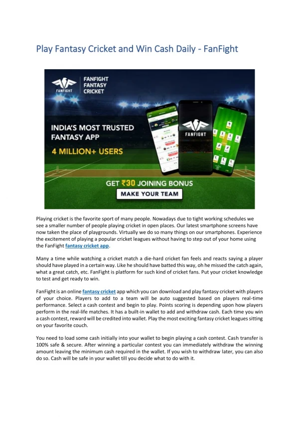 Play Online Fantasy Cricket Games and Win Cash Daily - FanFight