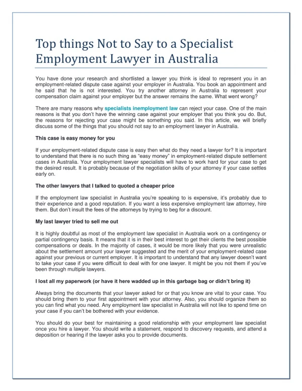 Top things Not to Say to a Specialist Employment Lawyer in Australia