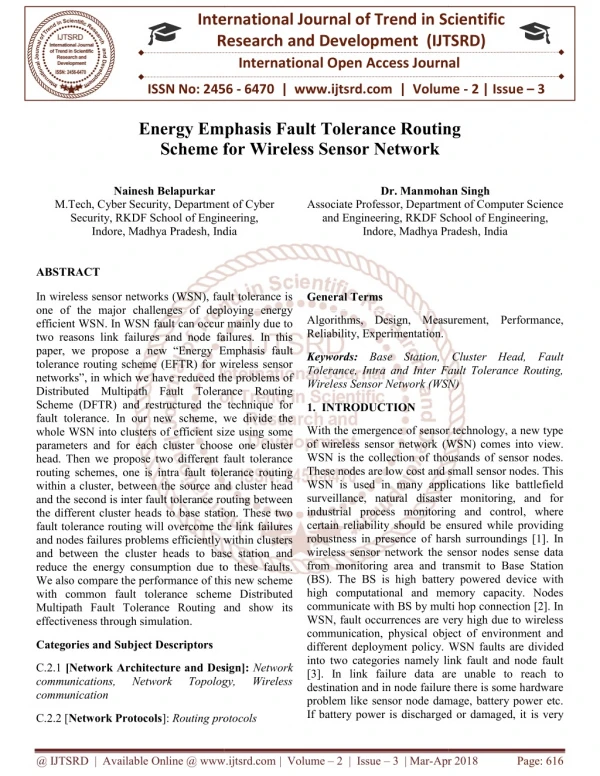 Energy Emphasis Fault Tolerance Routing Scheme for Wireless Sensor Network