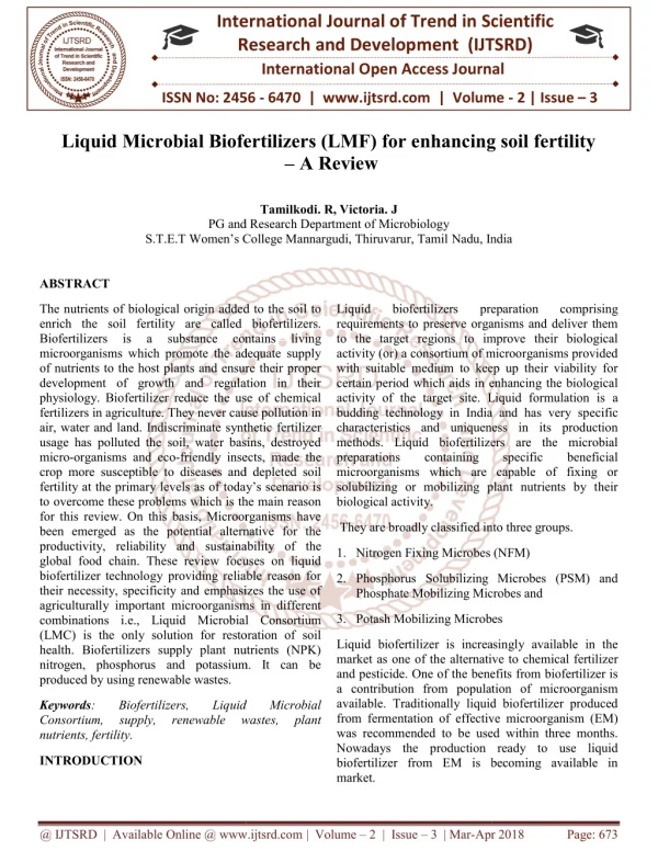 Liquid Microbial Biofertilizers LMF for enhancing soil fertility - A Review