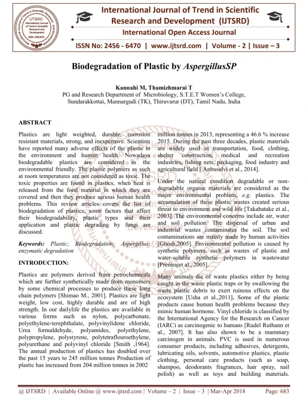 Biodegradation of Plastic by AspergillusSP