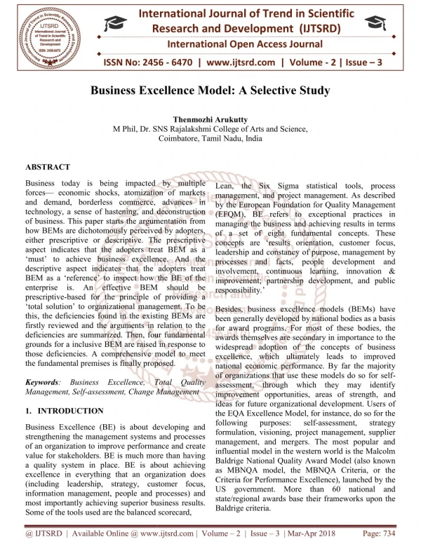 Business Excellence Model A Selective Study