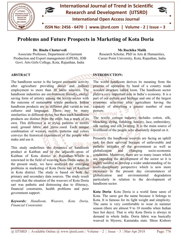 Problems and Future Prospects in Marketing of Kota Doria