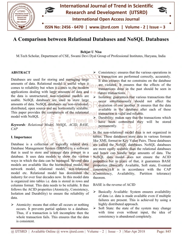 A Comparison between Relational Databases and NoSQL Databases