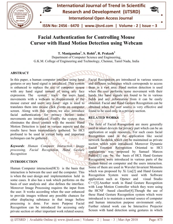 Facial Authentication for Controlling Mouse Cursor with Hand Motion Detection using Webcam