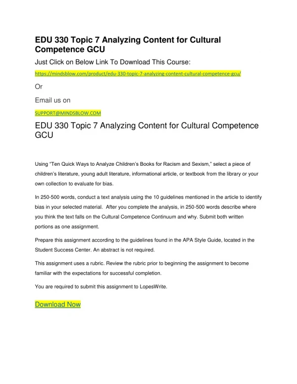 EDU 330 Topic 7 Analyzing Content for Cultural Competence GCU