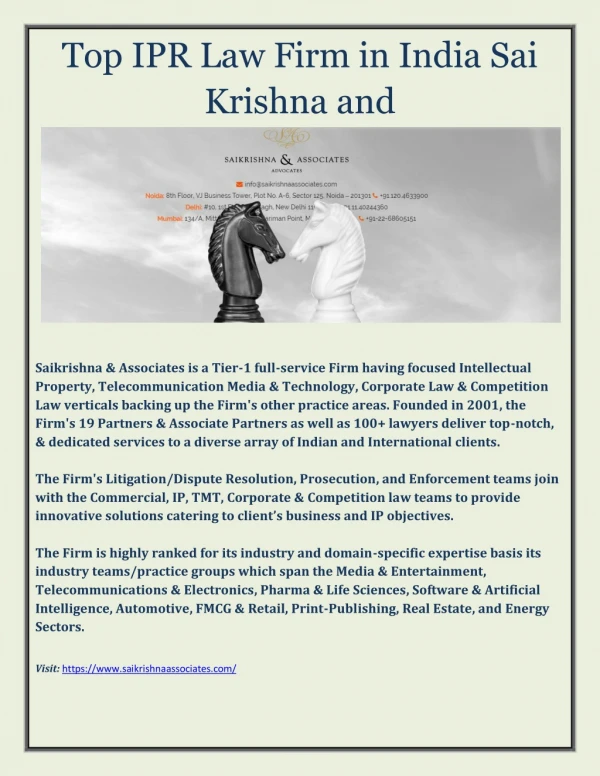 Top IPR Law Firm in India - Sai Krishna and Associates 