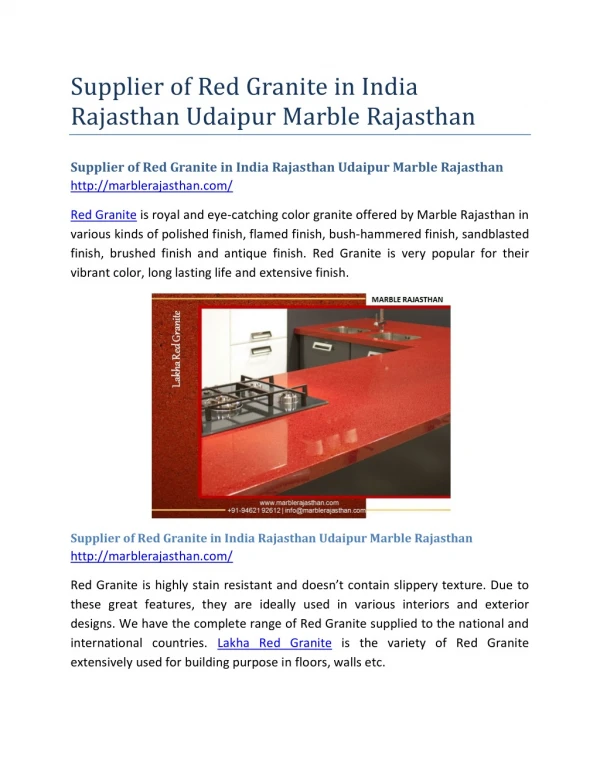 Supplier of Red Granite in India Rajasthan Udaipur Marble Rajasthan