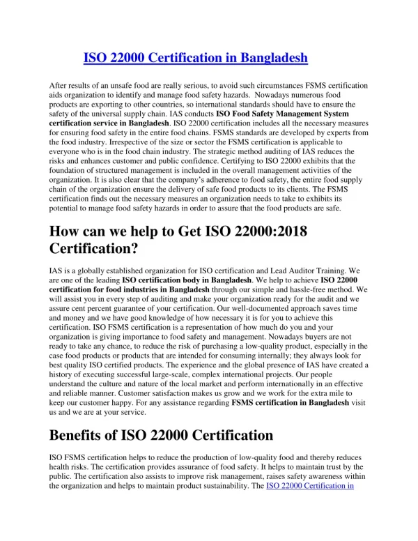 ISO 22000 Certification in Bangladesh
