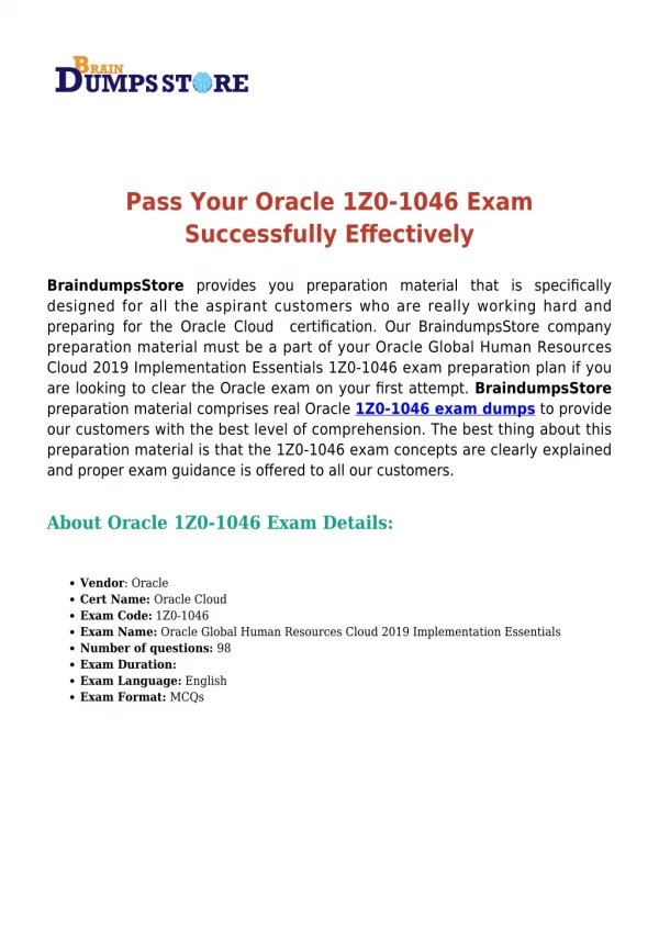 1Z0-1046 Oracle [2019] Exam Dumps Study Tips And Information