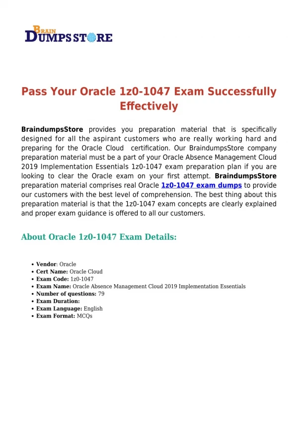 Oracle 1z0-1047 [2019] Exam Dumps - Quick Tips To Pass