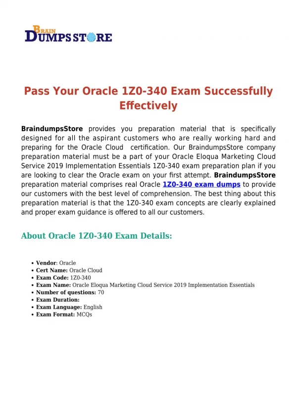 Oracle 1Z0-340 [2019] Exam Dumps With Valid Questions