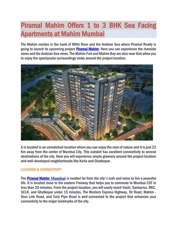 Piramal Mahim Offers 1 to 3 BHK Sea Facing Apartments at Mahim Mumbai