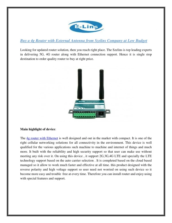 Buy a 4g Router with External Antenna from Szelins Company at Low Budget