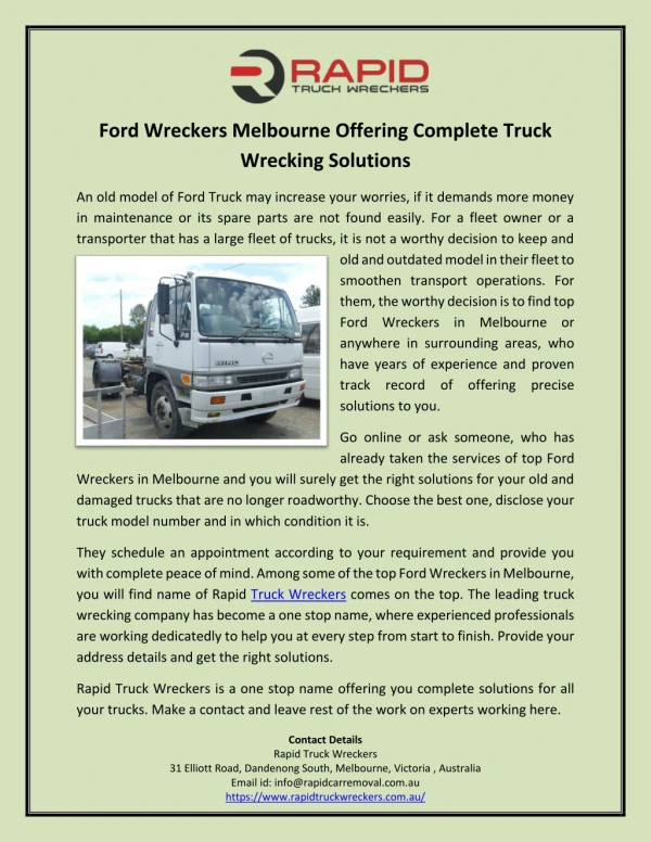Ford Wreckers Melbourne Offering Complete Truck Wrecking Solutions
