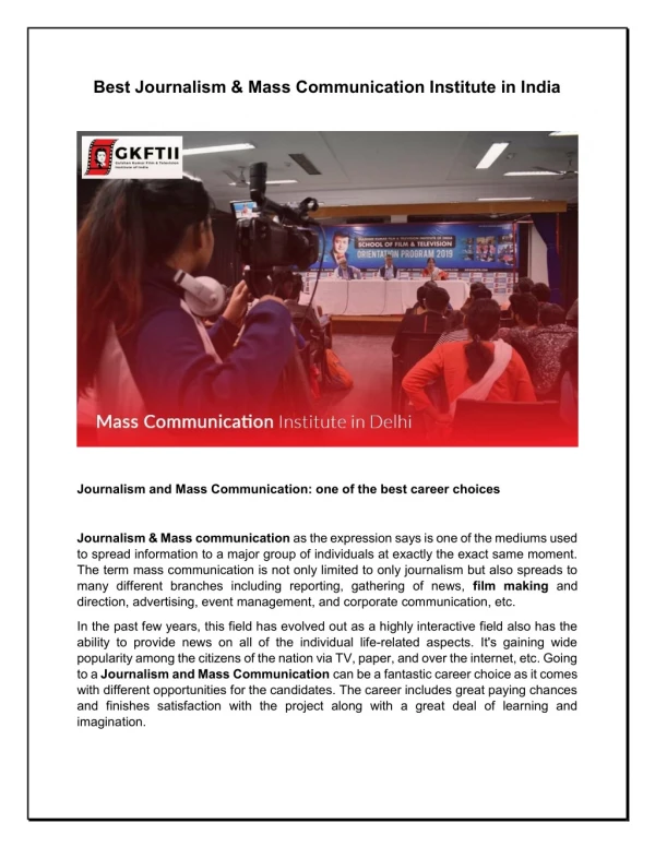 Best Journalism & Mass Communication Institute in India