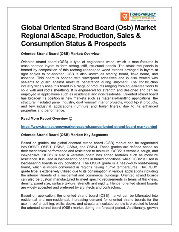 GLOBAL ORIENTED STRAND BOARD (OSB) MARKET REGIONAL &SCAPE, PRODUCTION, SALES & CONSUMPTION STATUS & PROSPECTS