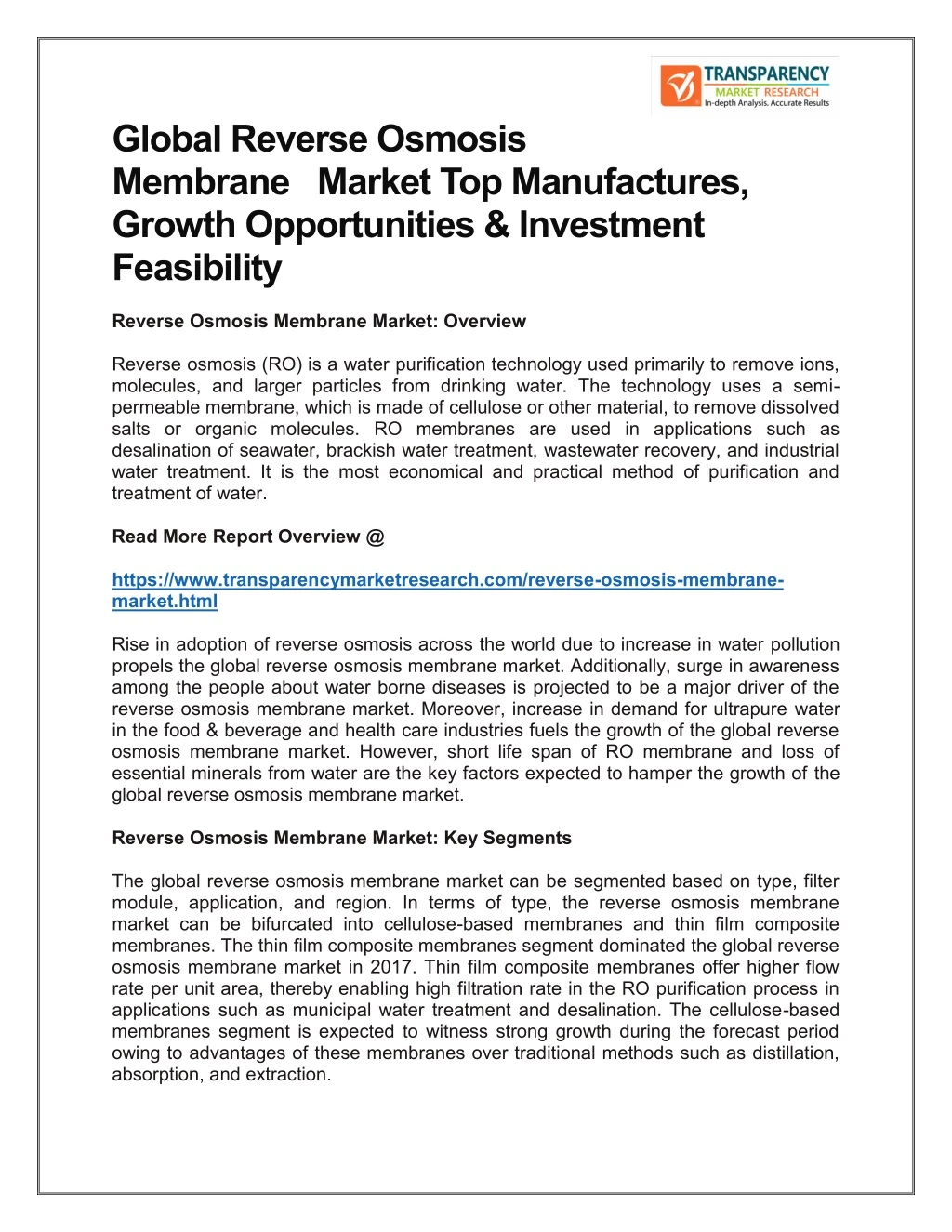 global reverse osmosis membrane market