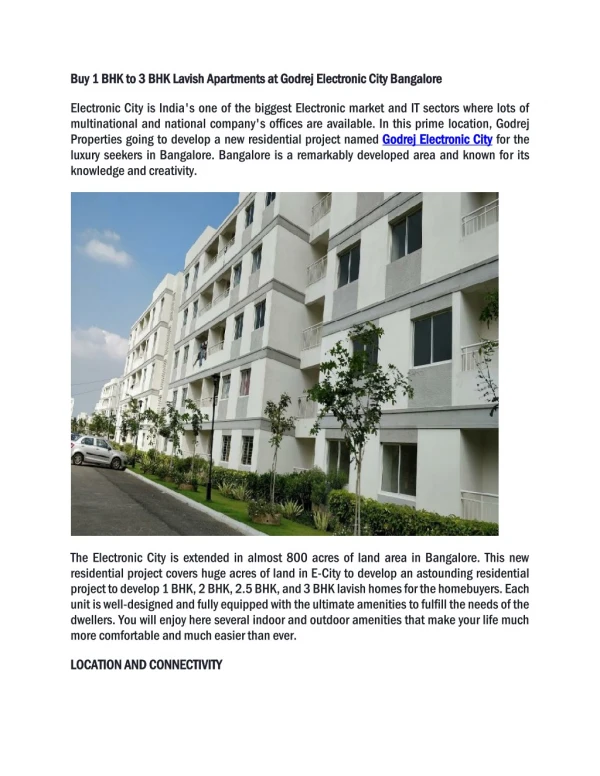 Buy 1 BHK to 3 BHK Lavish Apartments at Godrej Electronic City Bangalore