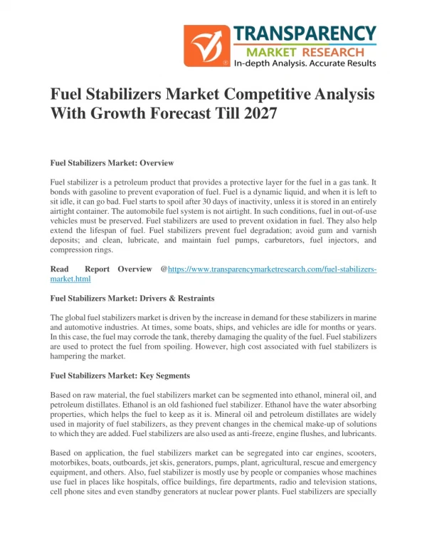 Fuel Stabilizers Market Competitive Analysis With Growth Forecast Till 2027