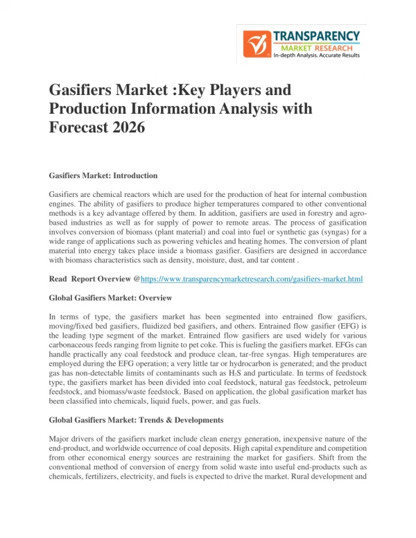 Gasifiers Market :Key Players and Production Information Analysis with Forecast 2026