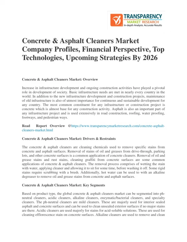 Concrete & Asphalt Cleaners Market Company Profiles, Financial Perspective, Top Technologies, Upcoming Strategies By 202