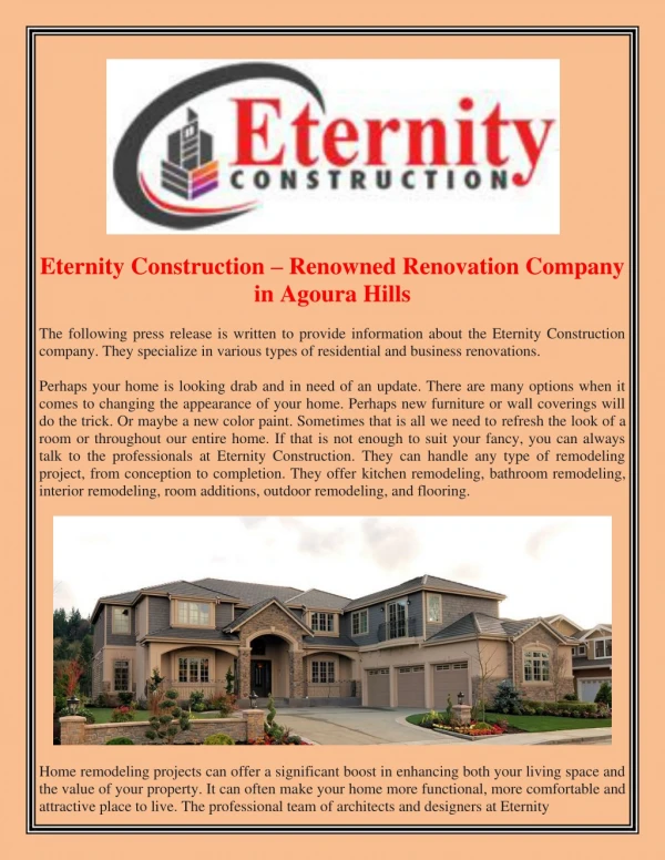 Eternity Construction – Renowned Renovation Company in Agoura Hills