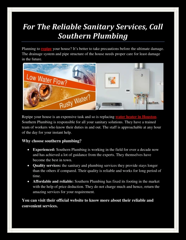 For The Reliable Sanitary Services, Call Southern Plumbing
