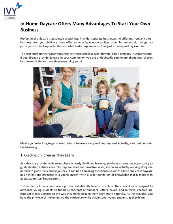 In-home daycare offers many advantages to start your own business