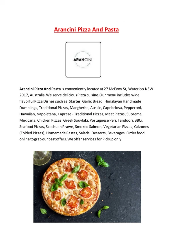 5% Off - Arancini Pizza Restaurant Menu in Waterloo NSW.