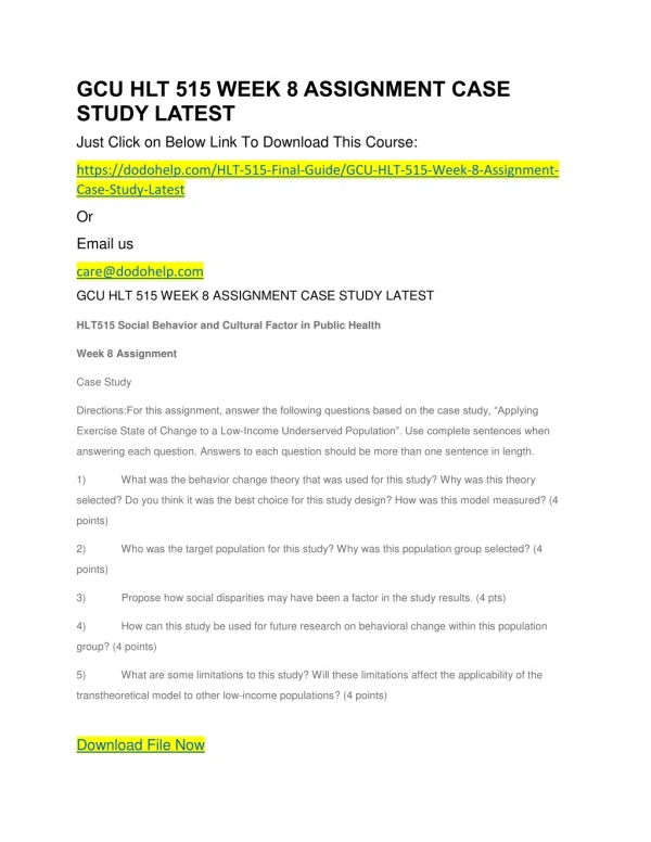 GCU HLT 515 WEEK 8 ASSIGNMENT CASE STUDY LATEST