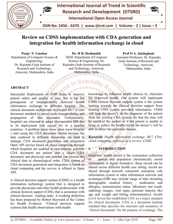 Review on CDSS implementation with CDA generation and integration for health information exchange in cloud
