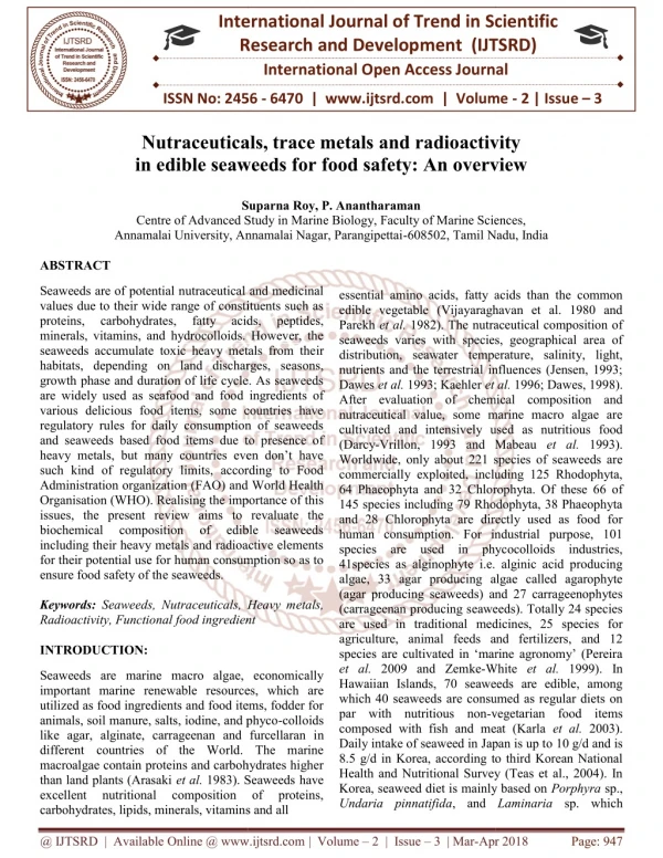 Nutraceuticals, trace metals and radioactivity in edible seaweeds for food safety An overview
