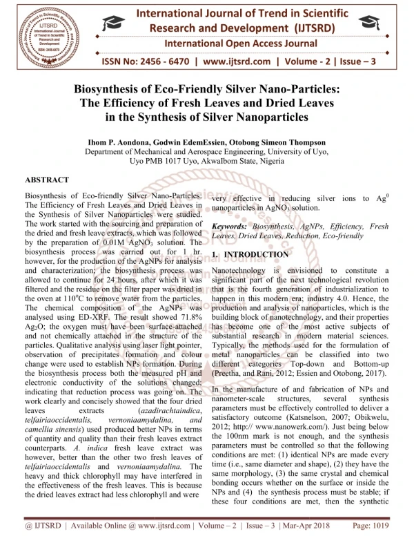 Biosynthesis of Eco Friendly Silver Nano Particles The Efficiency of Fresh Leaves and Dried Leaves in the Synthesis of S