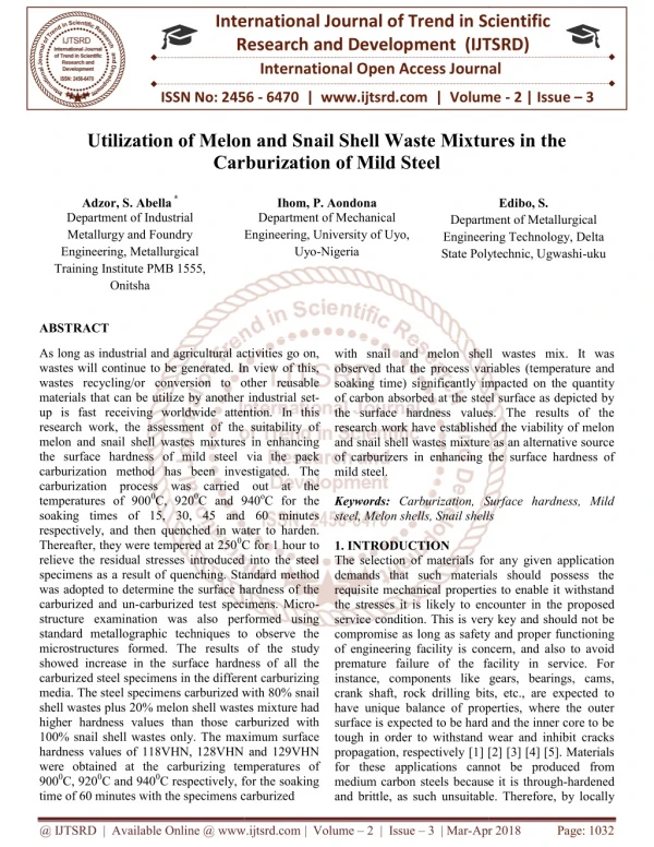 Utilization of Melon and Snail Shell Waste Mixtures in the Carburization of Mild Steel