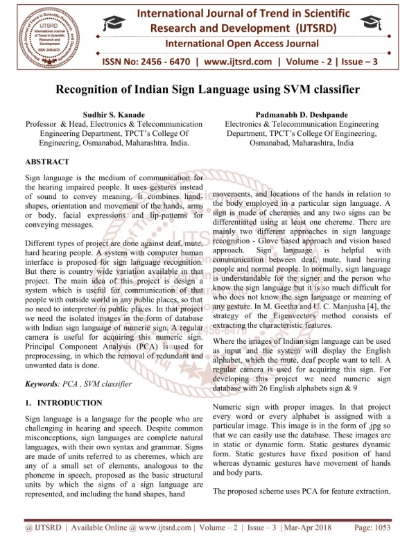 Recognition of Indian Sign Language using SVM classifier