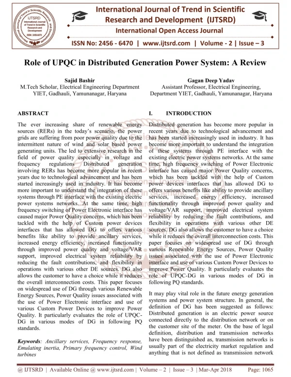 Role of UPQC in Distributed Generation Power System A Review